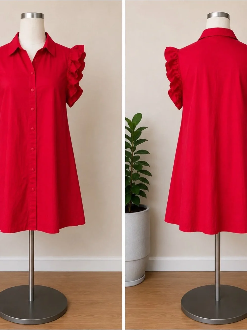 crown & ivy Hot Pink Button-Front Ruffle Sleeve Dress